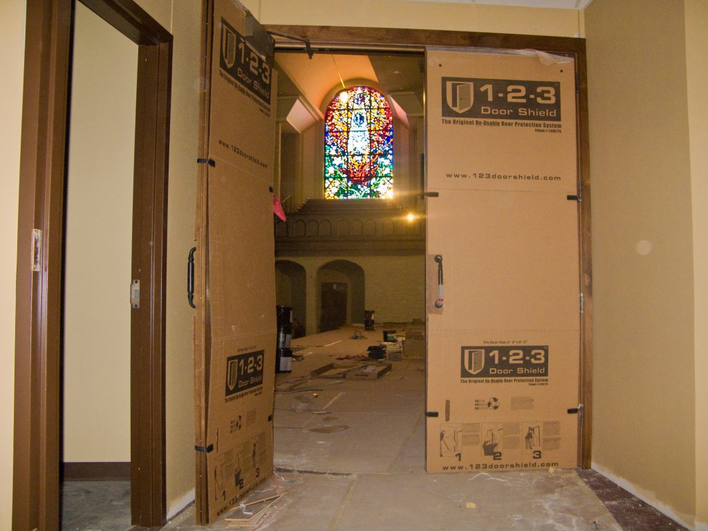 Interior view of a church or sanctuary protected with Door Shield products