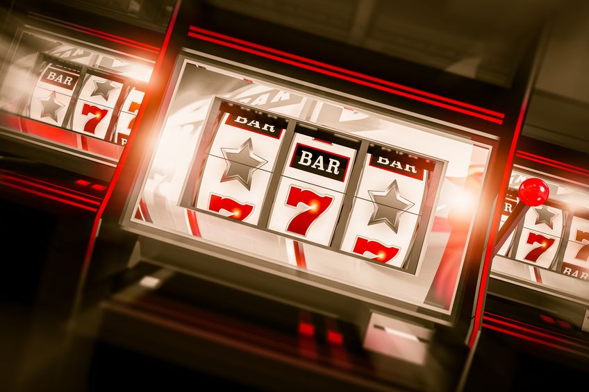 Slot Machines Spin 3D Render. Three One Handed Bandit Gambling Machines Conceptual Illustration.